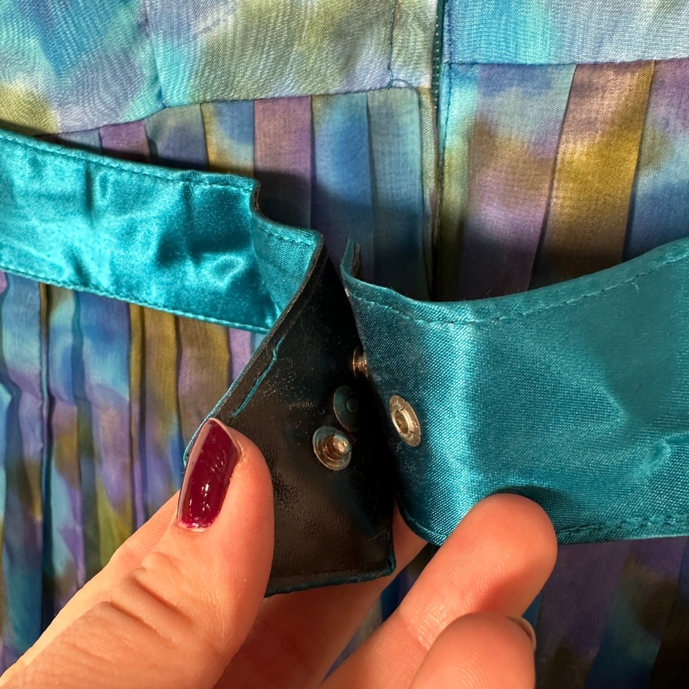 Vintage 50s Watercolor Blue Floral Chiffon Pleated Fit and Flare Belted Dress - Picture 5 of 10